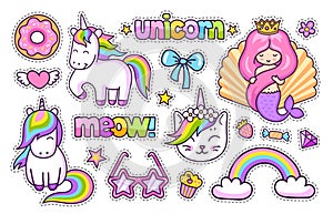 Magic unicorn, cat, cute mermaid, rainbow, donut. Set of cartoon stickers, patches, badges, pins, prints for kids.