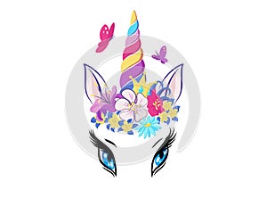 Magic unicorn with colorful horn and manes icon, decor for girl room interior or birthday, badge or sticker, vector