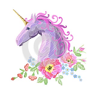 Magic Unicorn embroidery crewel patch sticker fabric print textile. Flower poppy arrangement stitch texture white