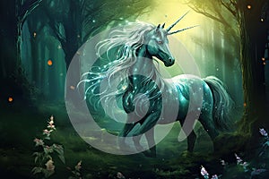 Magic unicorn in the forest. Fantasy illustration. Fairytale scene, AI Generated