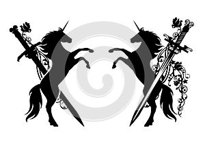 magic unicorn horse and knight sword black and white vector heraldic design set