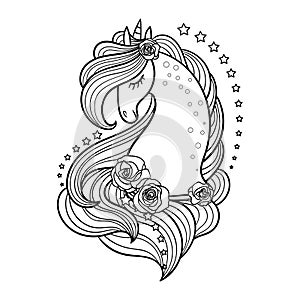 Magic unicorn with a long mane and roses and stars. Black and white image. Vector