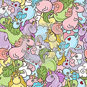 Magic Unicorn with rainbow horn and flying hearts with wings seamless pink pattern. Modern fairytale endless textures