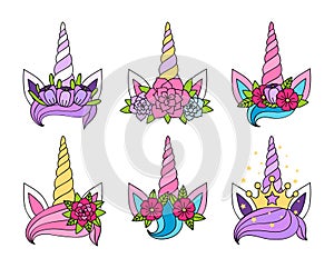 Magic unicorn tiaras set on white