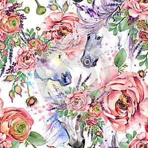 Magic unicorn watercolor pattern. roses flowers seamless background