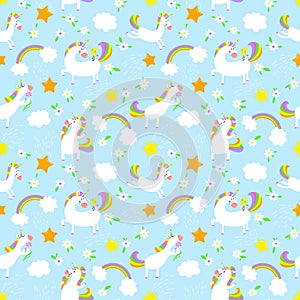 Magic unicorns background. Seamless pattern with mistycal horse