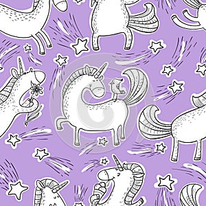 Magic unicorns background. Seamless pattern with mistycal horse