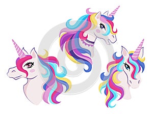Magic unicorns with colorful horns and manes icon set, decor for girl room interior or birthday, badge or sticker
