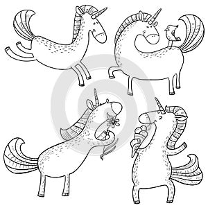 Magic unicorns set. Mistycal doodle horse with corn isolated on