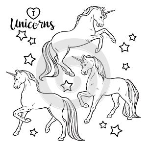 Magic unicorns and stars set isolated vector illustration. Coloring book pages for adults and kids