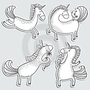Magic unicorns stickers set. Mistycal doodle horse with corn. Cu