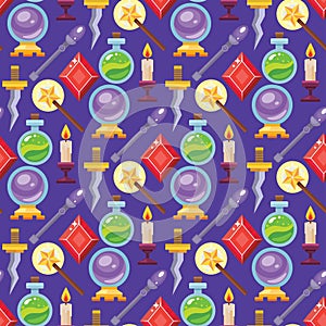 Magic vector tools magician fantasy carnival magical mystery cartoon miracle decoration seamless pattern background