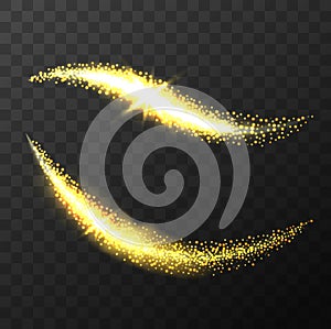 Magic vector waves with Sparkle and glitter stardust isolated on black background. Golden glittering lines with gold