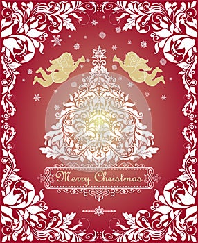 Magic vintage Christmas greeting card with cut out floral xmas white tree, gold angels and decorative floral frame