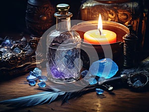 Magic vintage crystal bottle, birds feather, blue crystals, burning candle on a wooden table, cinematic style, close-up, selective