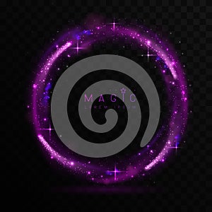 Magic violet glowing shiny circle or light trail isolated on black transparent background.