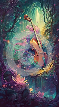 Magic violin, fiddle in enchanted forest, fantasy multicolor illustration, AI generative