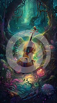 Magic violin, fiddle in enchanted forest, fantasy multicolor illustration, AI generative