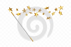 Magic wand with 3d stars on transparent background. Trace of gold dust. Magic abstract background isolated. Miracle and