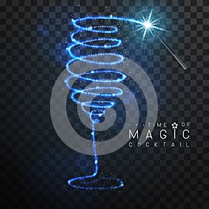 Magic wand with blue glowing shiny trail. Champagne or wine glass silhouette isolated on black transparent background.