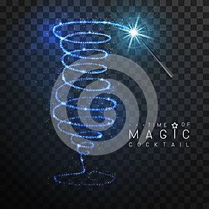 Magic wand with blue glowing shiny trail. Cocktail silhouette isolated on black transparent background.