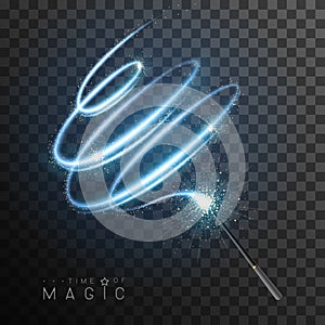 Magic wand with blue glowing shiny trail.  Isolated on black transparent background.