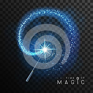 Magic wand with blue glowing shiny trail.  Isolated on black transparent background.