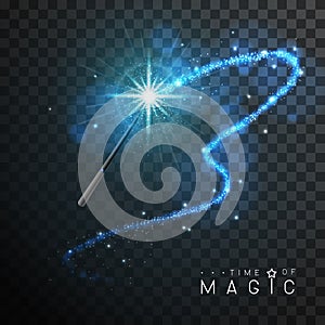 Magic wand with blue glowing shiny trail.  Isolated on black transparent background.