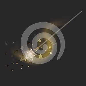 Magic wand on dark background, beautiful light effects with magical sparkle glittering texture