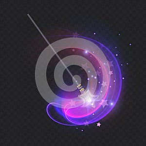 Magic wand with glowing swirl and sparkles isolated on transparent background. The magic scepter with stardust