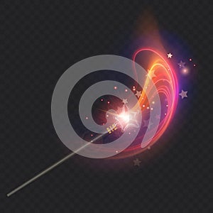 Magic wand with glowing swirl and sparkles isolated on transparent background. The magic scepter with stardust