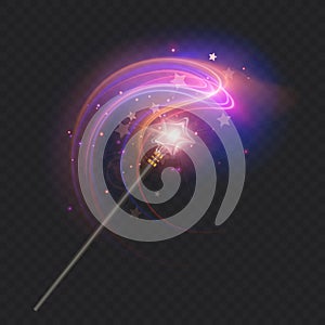 Magic wand with glowing swirl and sparkles isolated on transparent background. The magic scepter with stardust