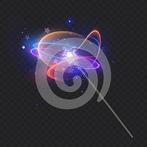 Magic wand with glowing swirl and sparkles isolated on transparent background. The magic scepter with stardust