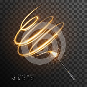 Magic wand with golden glowing shiny trail.  Isolated on black transparent background.