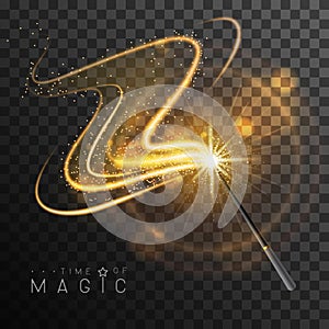 Magic wand with golden glowing shiny trail. Isolated on black transparent background.