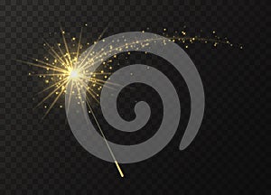 Magic wand with golden swirl and sparkles isolated on transparent background.