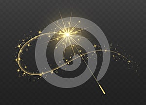 Magic wand with golden swirl and sparkles isolated on transparent background.