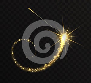 Magic wand with golden swirl and sparkles isolated on transparent background.