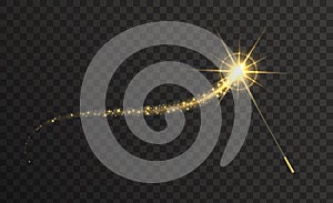 Magic wand with golden swirl and sparkles isolated on transparent background.