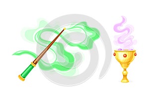 Magic Wand with Green Swirl and Golden Goblet with Poison as Magical Object and Witchcraft Item Vector Set