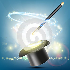 Magic wand and hat on a bright background. Focus and illusion. S