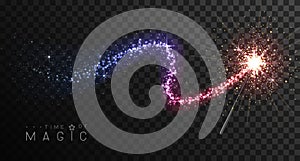 Magic wand with multicolor glowing shiny trail.  Isolated on black transparent background.