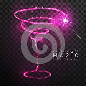 Magic wand with pink glowing shiny trail. Cosmopolitan cocktail silhouette isolated on black transparent background.