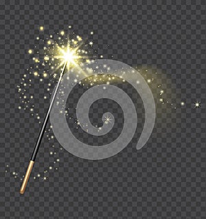 Magic wand. Realistic fairytale stick with golden sparkle trail. Fantasy glitter and shine star. Fairy wand and magical