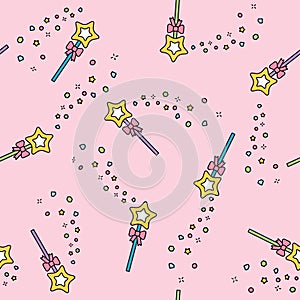 Magic wand seamless pattern with magic sparkles pink pastel background