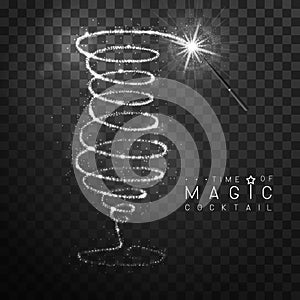 Magic wand with silver glowing shiny trail. Cocktail silhouette isolated on black transparent background.