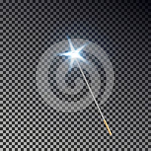 Magic wand with star vector. Transparent miracle stick with light tail isolated on dark background.
