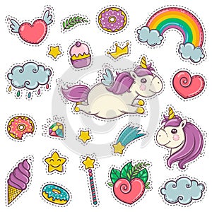 Magic wand, unicorn, rainbow, sweets, ice cream. Set of stickers patches badges pins prints for kids. Cartoon style.