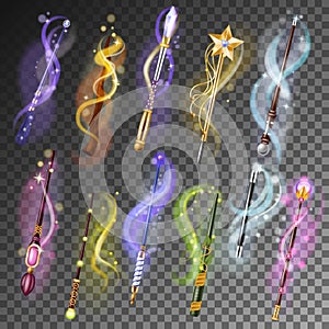 Magic wand vector miracle stick fantasy magician wizard object illustration magical set of fairytale symbol with star