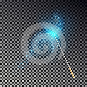 Magic wand vector. Transparent miracle stick with glow blue light tail isolated on dark background.